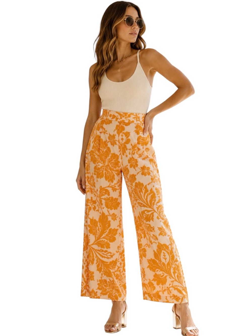Lulus Sweet Cutie Orange & Blush Floral High Rise Pants Size XL New Boho Chic